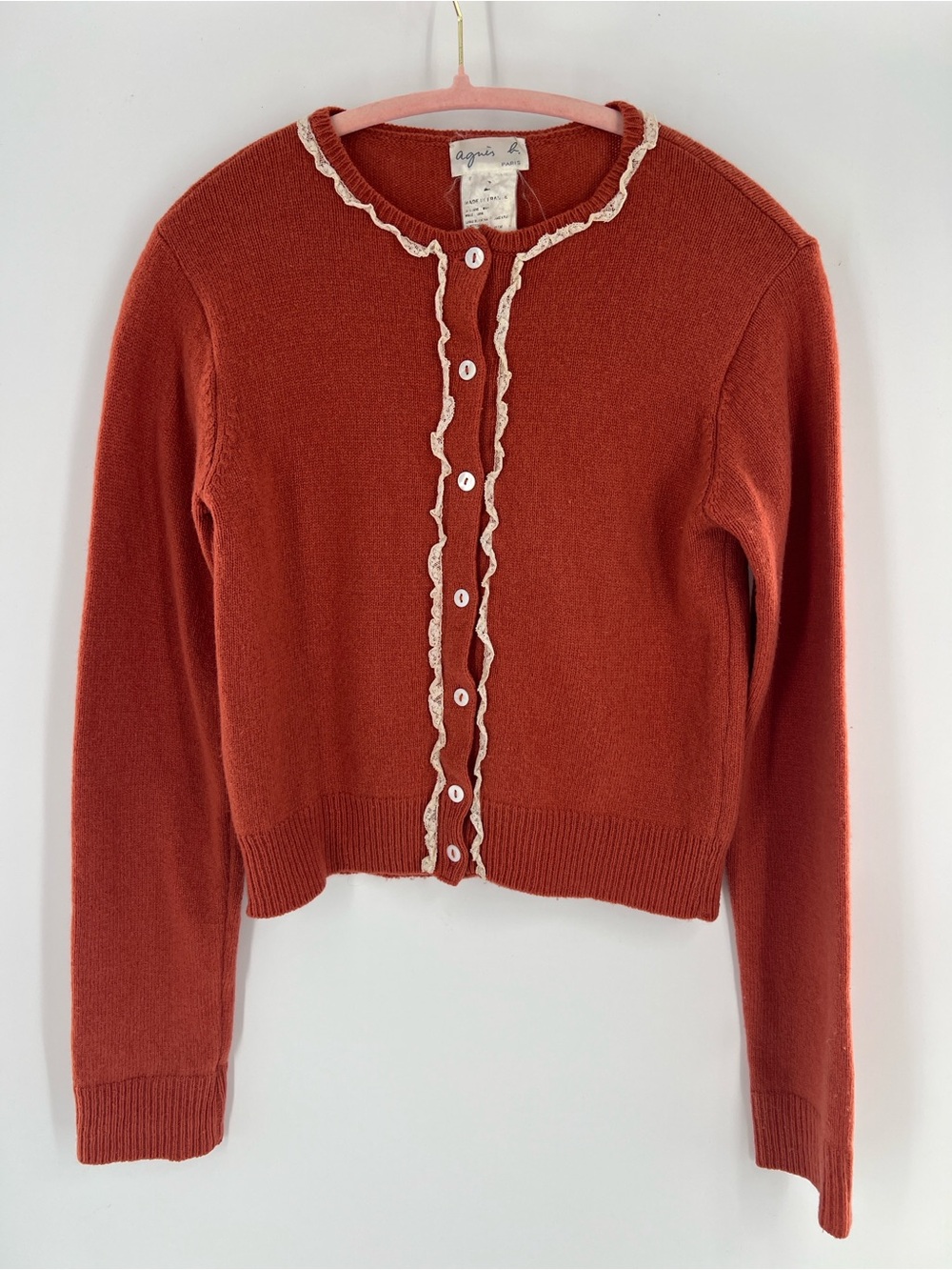 Vintage Agnes B. Rust Red Ruffle-Trim Cardigan Sweater feminine romantic dainty